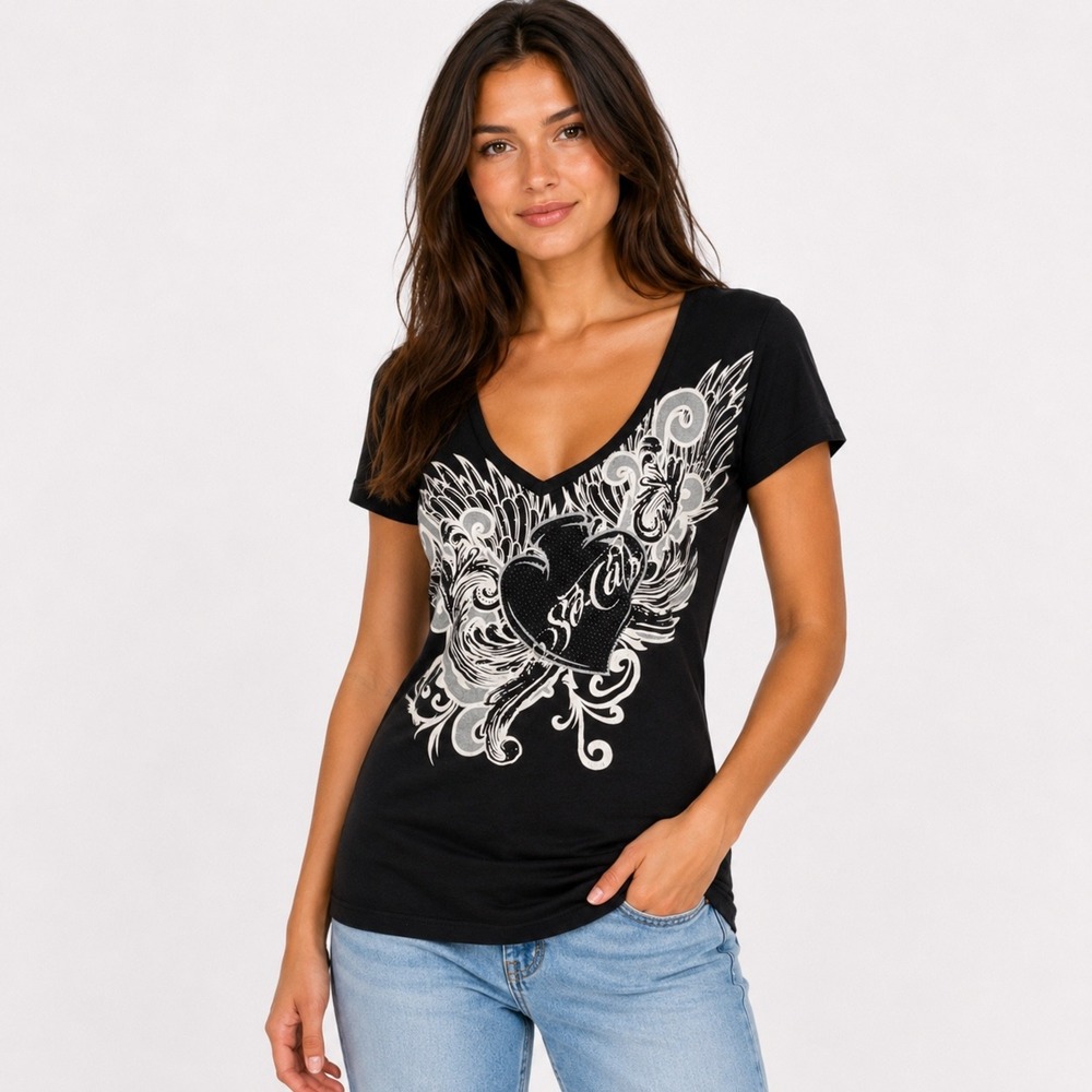 So Cal Graphic T-Shirt XL Black Heart Wings Ladder Cutout Back VNeck Y2K McBling
